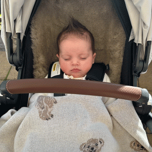 Sleeping baby on mushroom stroller liner